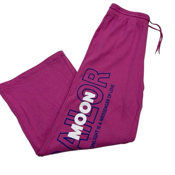 Moonlight Love Sailor Moon Sweatpants Womens M Pink Fleece Wide Leg Graphic - Picture 1 of 10